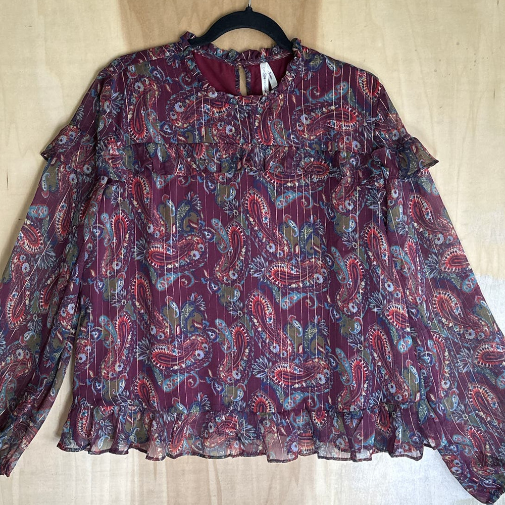 Moon Orchid Top Womens Extra Large Paisley Long Sleeve Ruffled Blouse New‎